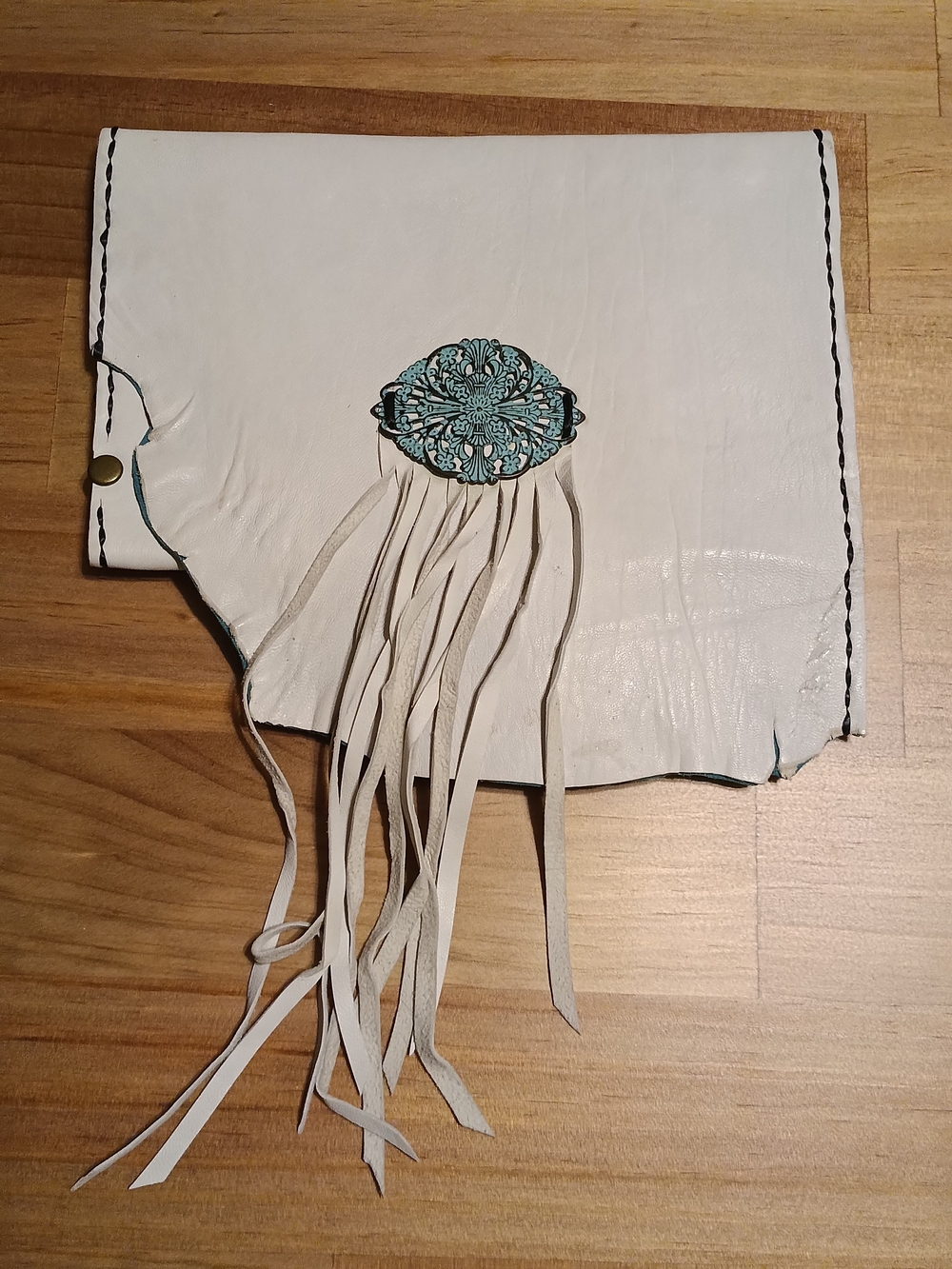 White Leather Fringe Clutch with Turquoise Medallion